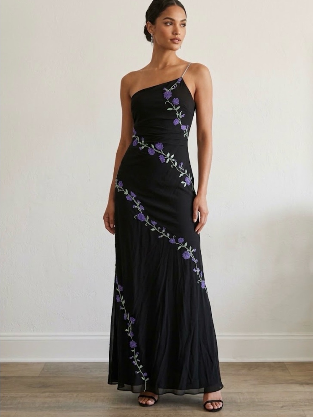 Rimini Elegant Black One-Shoulder Maxi Dress with Purple Floral Embroidery
